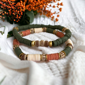 Olive and Coral Heishi Mala Bone Bracelet