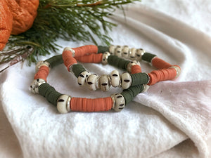 Olive and Coral Heishi Mala Bone Bracelet