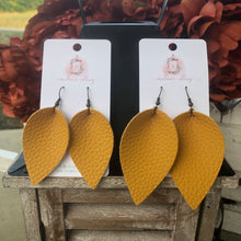 Load image into Gallery viewer, Mustard Yellow Faux Leather Leaf Earrings