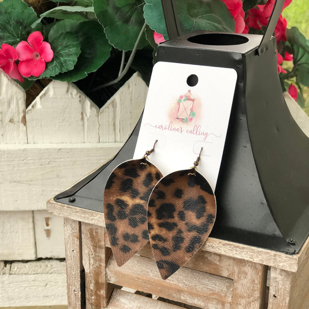 Leopard Faux Leather Leaf Earrings