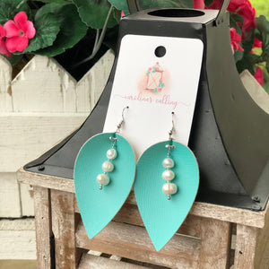 Teal Pearl Faux Leather Earrings